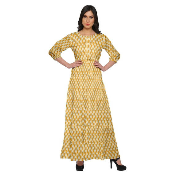 Moomaya Printed Long Flair Dress For Women 3/4 Sleeve Round Neck Casual Wear
