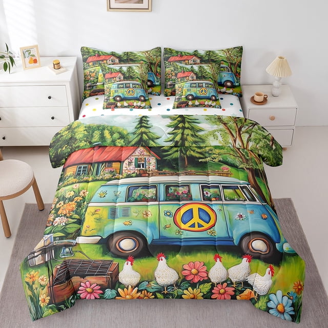 Camping RV 7Pcs Comforter Set Full Size,Peace Sign Bus Bedding Set,Rustic Farmhouse Fitted Flat Sheet for Kids Teens Woman Men,Watercolor Flower Hen Pattern 2 Throw Pillow Covers,2 Pillowcases
