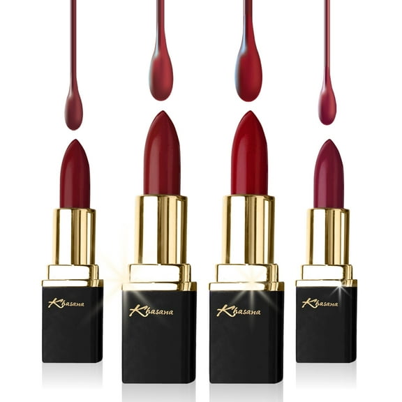 Khasana Lipstick Set. Long Lasting Lip color, 4 Piece Gift Set. Moisturizing Formula, Infused with Vitamin E and Vitamin C. Multi Finish Lip Makeup, Cream Gloss & Matte. Pack of 4.