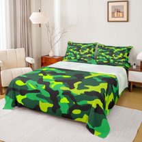Castle Fairy Abstract Camouflage Full Size Sheets 4-Piece for Boys Girls,Geometric Camo Breathable Bed Sheets,Green Black Yellow Lightweight Sheet Sets,Ultra Soft Home Decor