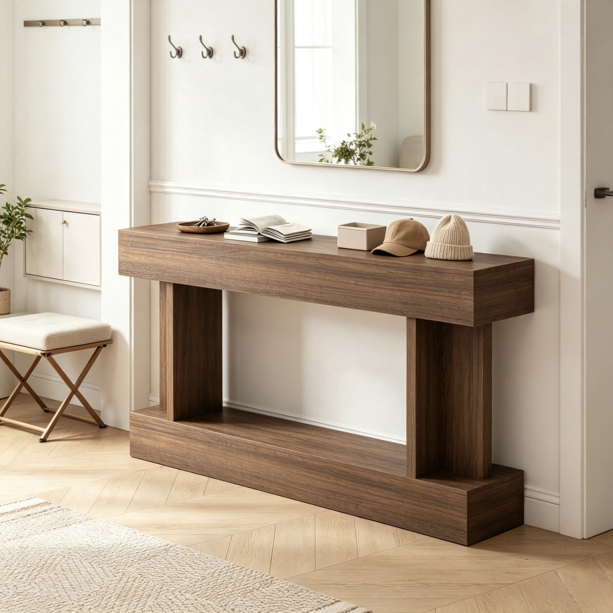 63" Long Console Table, Vintage Narrow Entryway Table with Storage Shelf for Living Room Hallway, Brown