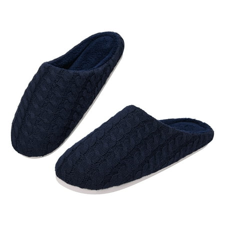 

Men s Memory Foam Slippers with Fuzzy Plush Lining Slip on House Slippers with Indoor Outdoor Anti-Skid Rubber Sole Navy Blue