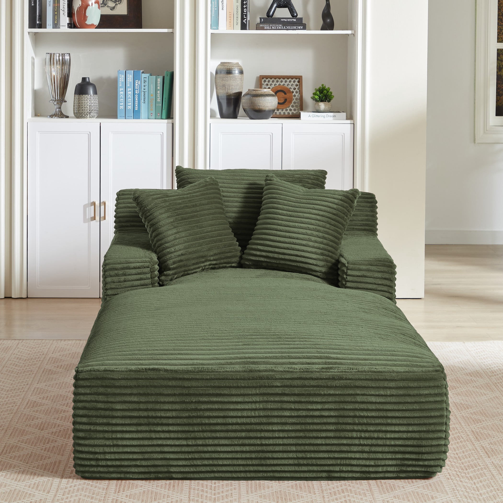 Aukfa 79" Oversized Chaise Lounge Indoor, Corduroy Sleeper Sofa Bed, Upholstered Couch, No Assembly Required for Living Room, Bedroom, Green