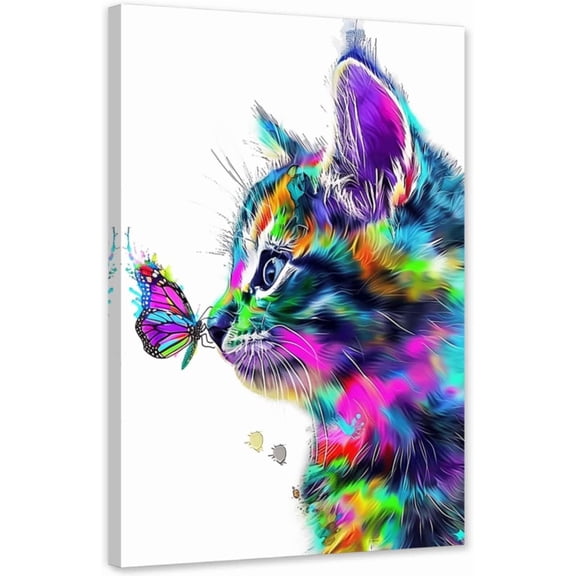 ZHONGYUTONG Cat Wall Art Colorful Cat and Butterfly Canvas Print Animal Pictures Wall Decor Painting for Kids Nursery Framed (12.00" x 18.00")