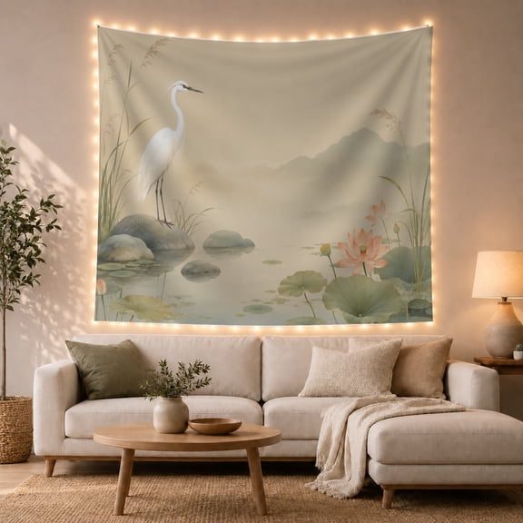 Misty Wetland Soft with Traditional East Asian, Serene Japanese Inspired for Japanese Art Lovers, Wall Decor, Housewarming Gift, Tapestry Wall Hanging for Dorm and Living Room