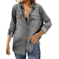 thumbnail image 3 of Women Button Down Denim Shirt Long Sleeve Roll Up Casual Oversized Jean Jacket Distressed Tunic Top, 3 of 7