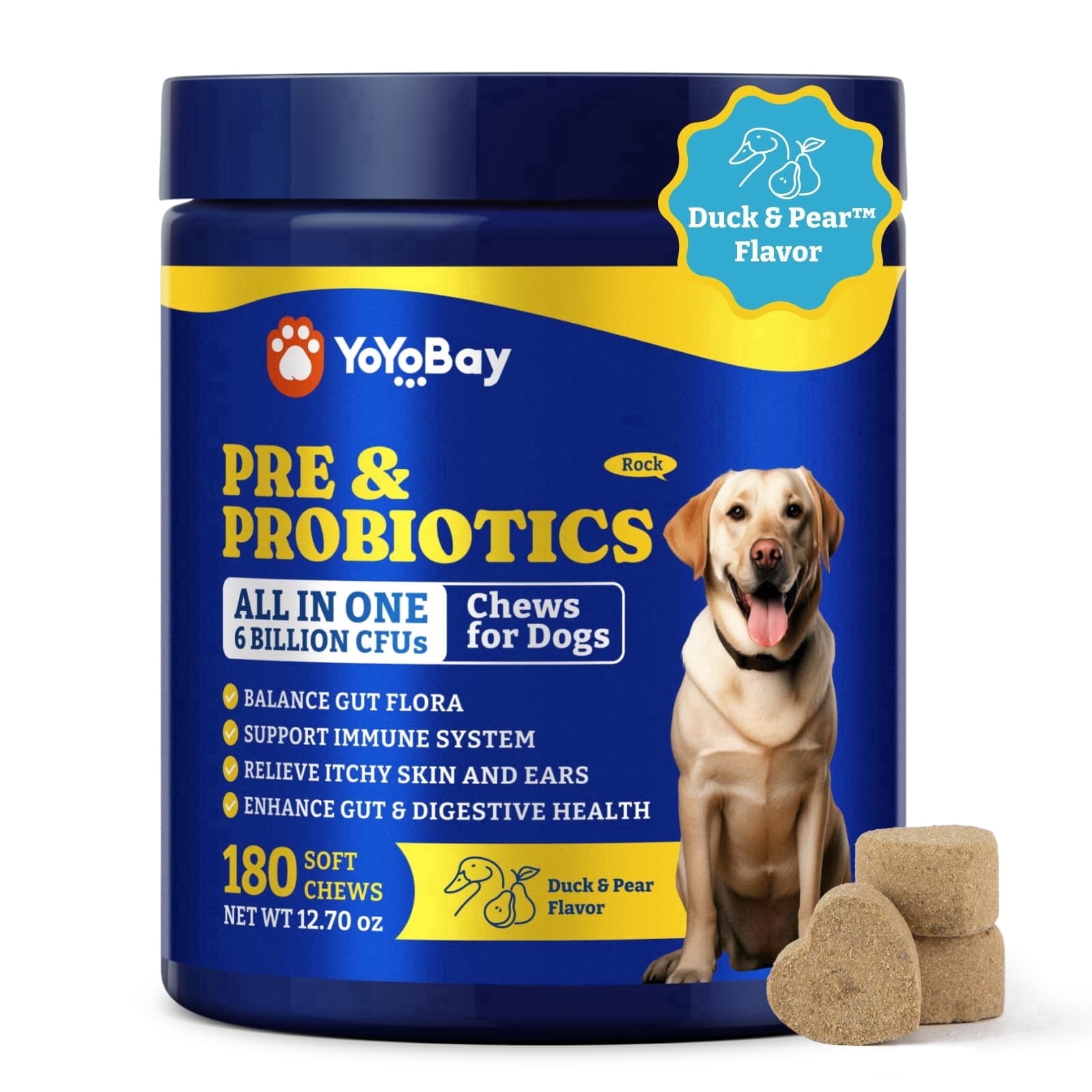 YoYoBay Probiotics for Dogs - Dog Probiotics for Digestive Health, Yeast, Itchy Skin, Gut Health, Immune & Skin - 6 Billion CFUs, 180 Soft Chews-Duck & Pear Flavor with Prebiotics & Digestive Enzymes