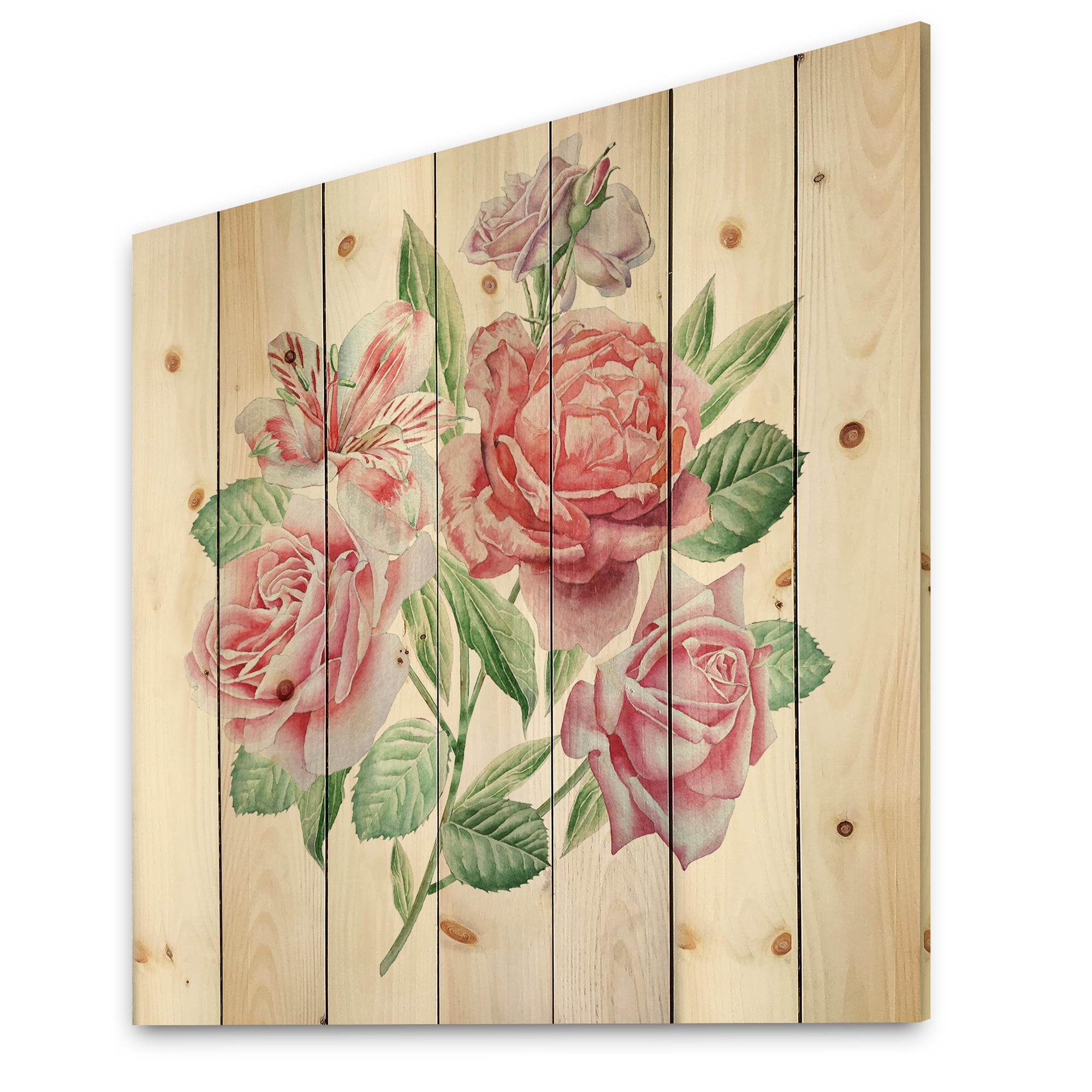 Designart 'Spring Flowers Alstroemeria Pink Roses' Traditional Print on Natural Pine Wood