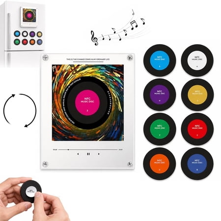 Magnetic Fridge Music Player, 9 PCS Mini Vinyl Melody Custom Magnet Record Player 128MB Rotation & Lighting Disk Music Box Set on Refrigerator Retro Acrylic DIY Set NFC Induction Singing Stickers
