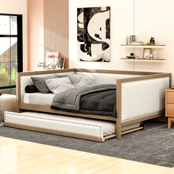 Elitezip Upholstered Daybed with Trundle, Full Size Linen Daybed with Nailhead Decoration and Wood Slats Support, Daybed Frame for Small Living Spaces, Accommodating Guests, No Box Spring Needed