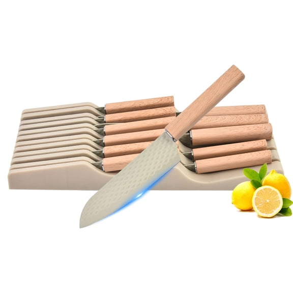 12 Piece In-Drawer Knife Block Set with Stainless Steel Chef Knives and Drawer Organizer, Includes 6 Steak Knives, Space-Saving for Kitchenettes and Small Spaces