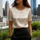 thumbnail image 1 of TaTaai Women's Summer Solid Round Neck Short Sleeve Top, Pearl Embellished Casual Professional Style, Lightweight Soft for Office Daily Wear Gift, 1 of 5
