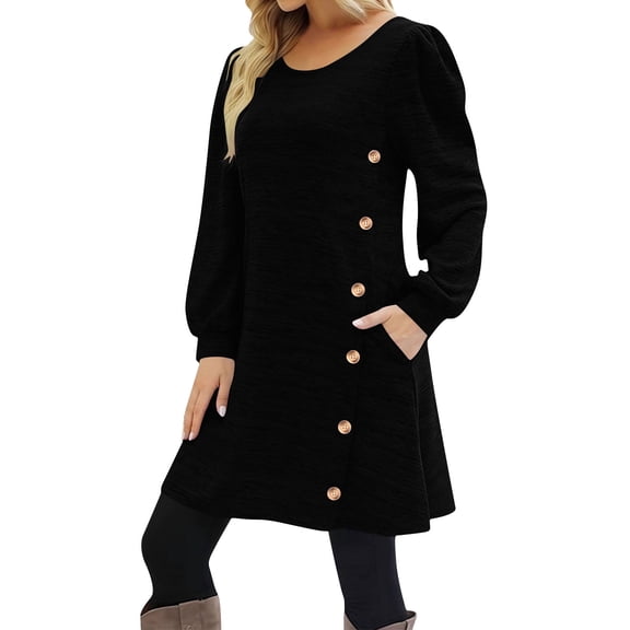 HAPIMO Women's Dress Crew Neck Long Sleeve Loose Button Down Side Pockets Modern Elegant Dress Comfortable Daily Use Black L