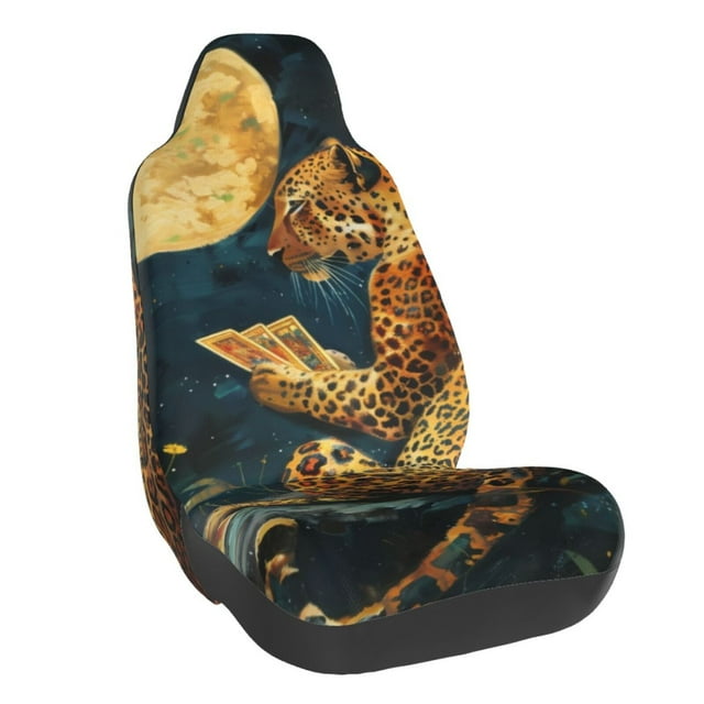 Wukai Leopard Reading Tarot Cards Full Set Car Seat Covers with Soft Padding Universal Auto Front Seats Protector and Cushion Mat