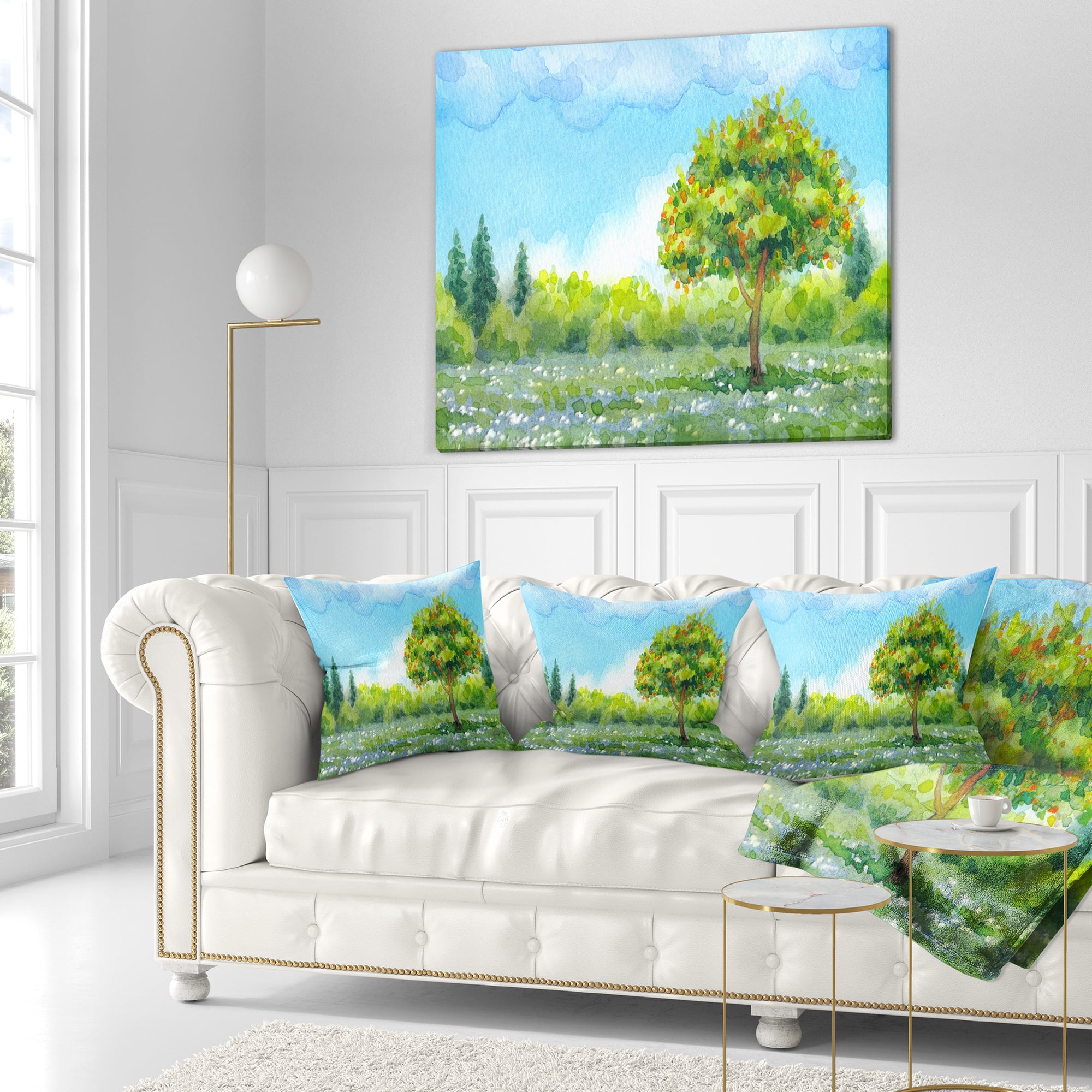 Designart Tree in Spring - Watercolor Painting Landscape Printed Throw Pillow - 16x16