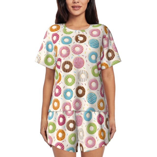 Fotbe Colorful Donuts Conjunto de Pijama Estampado para Mujer, 2 Piezas, Ropa de Dormir con Camiseta de Manga Corta y Shorts Suaves-Small