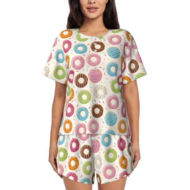 Fotbe Colorful Donuts Conjunto de Pijama Estampado para Mujer, 2 Piezas, Ropa de Dormir con Camiseta de Manga Corta y Shorts Suaves-Large