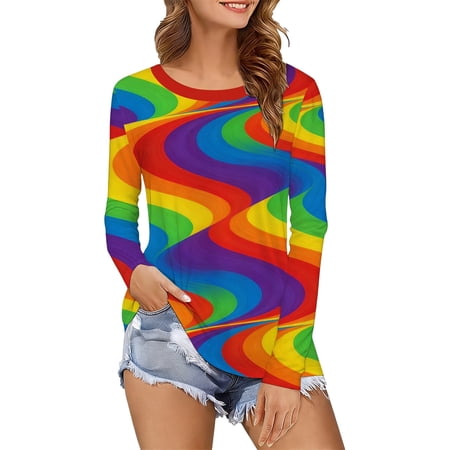 Women s Long Sleeve Shirt Colourful Rainbow Print T-Shirt Round Neck Tops 70s Hippie Carnival Fancy Dress Outfit Tunic Blouse Casual Streetwear