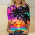 thumbnail image 2 of CYMMPU Fall Fashion Shirts 3/4 Sleeve Tunic Tops Boho Blouses for Women Dressy Casual Round Neck Loose Fit Spring Tops Flower Printed Pleated Dressy T-Shirts Purple XXL, 2 of 5