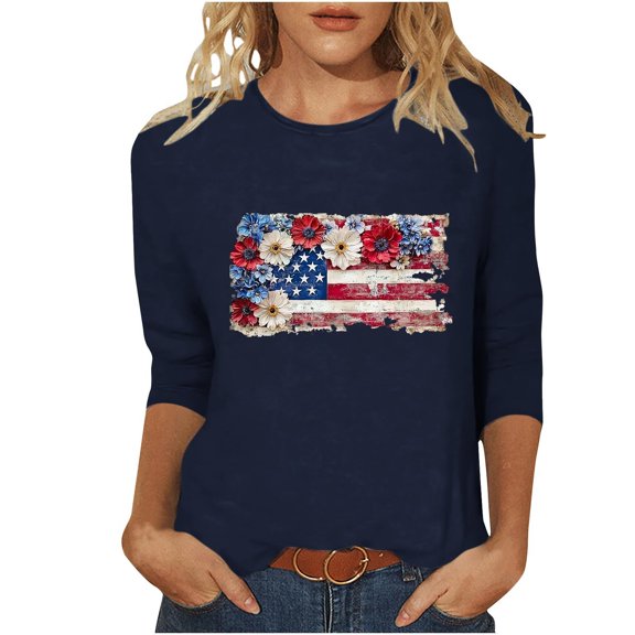 Womens Floral Graphic Tees 3/4 Sleeve Trendy Holiday Patriotic Tshirts Tops Independence Day Vacation Pullover Navy, 4XL