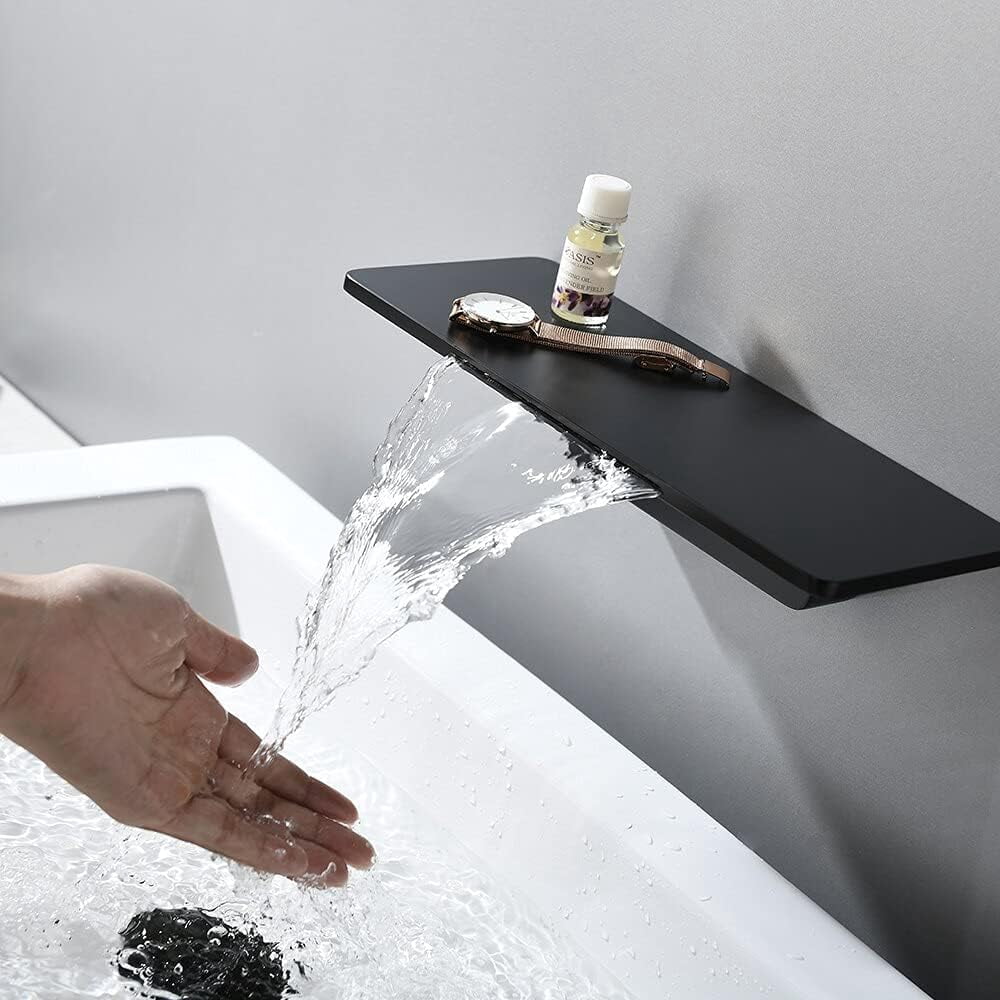 Bathroom Sink Faucet, Bathroom Bathtub Basin Faucet Bath Mixer Shower Set Waterfall Brass Matte Black Wall Mounted Hot and Cold Water Faucet