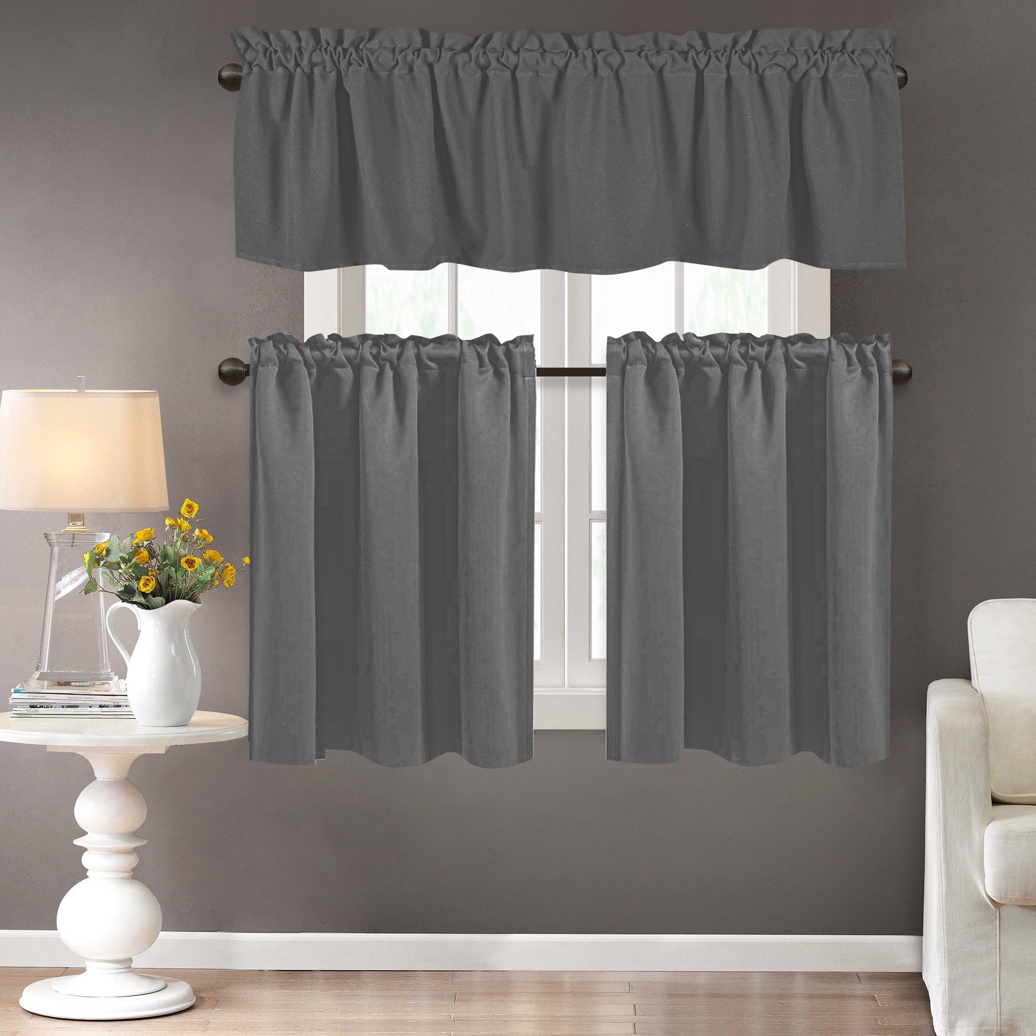 Native Fab Full Kitchen Window Curtain Tiers Valance Set 100% Cotton - Rod Pocket - 3 Piece - Grey