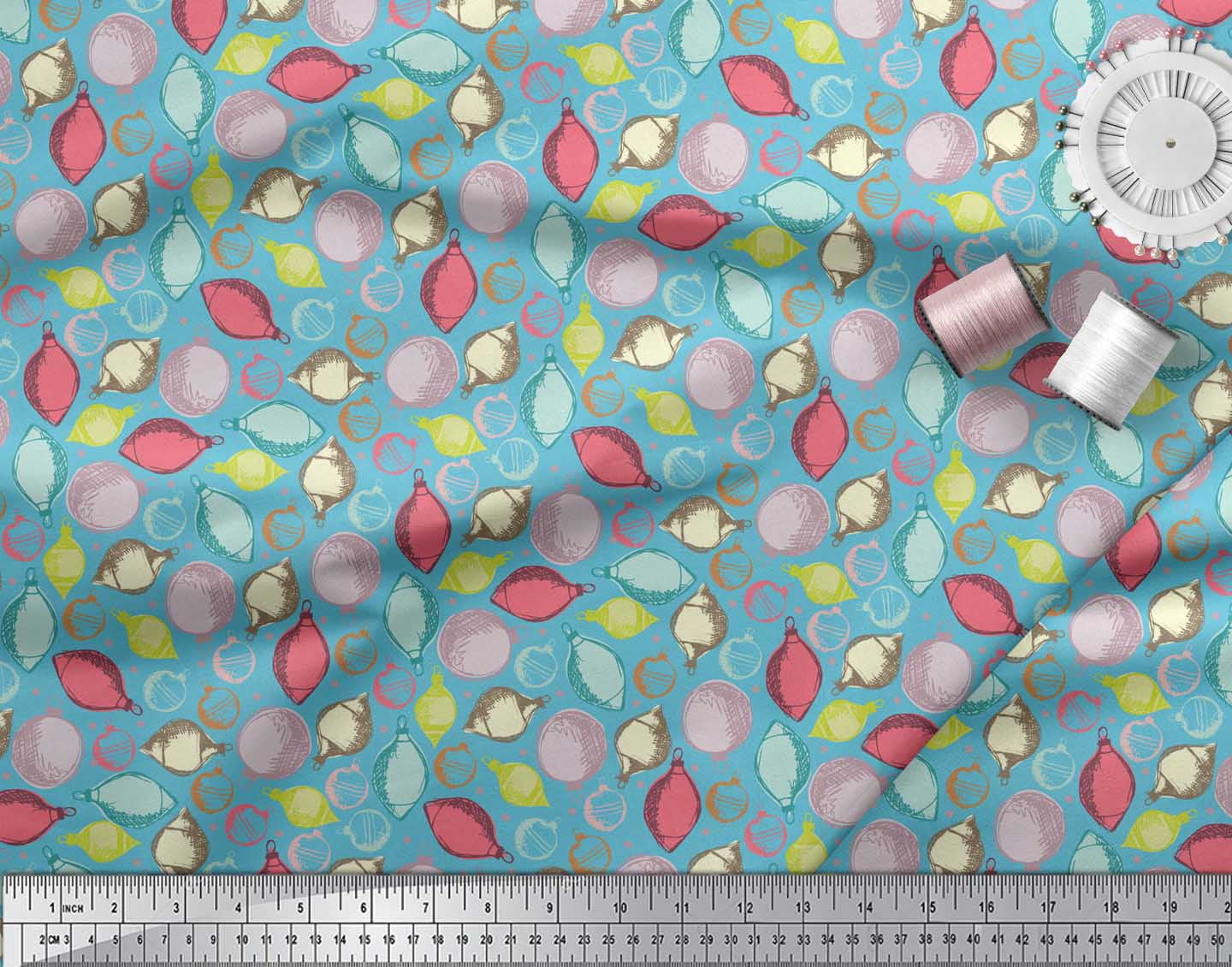 Soimoi Blue Heavy Satin Fabric Dot & Ornaments Christmas Printed Fabric 1 Yard 54 Inch Wide