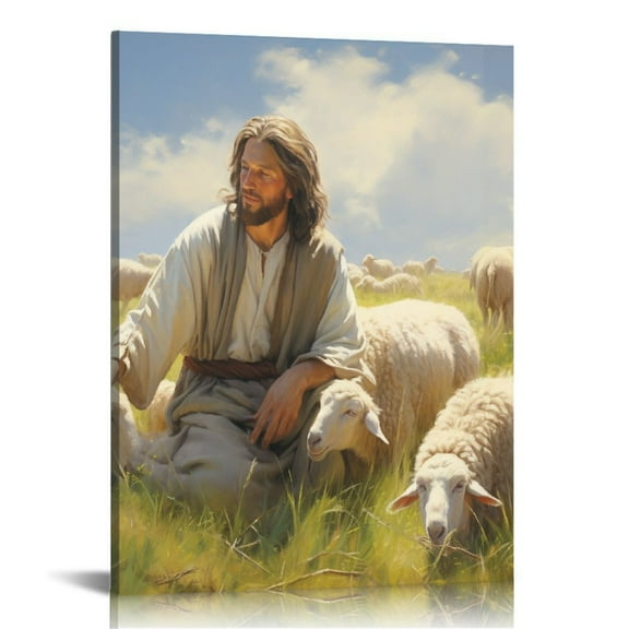 Lingy Framed Jesus and Lamb Canvas Wall Art Jesus Christ The Good Shepherd Picture Prints God Faith Poster Artwork Christian Home Bedroom Decoration