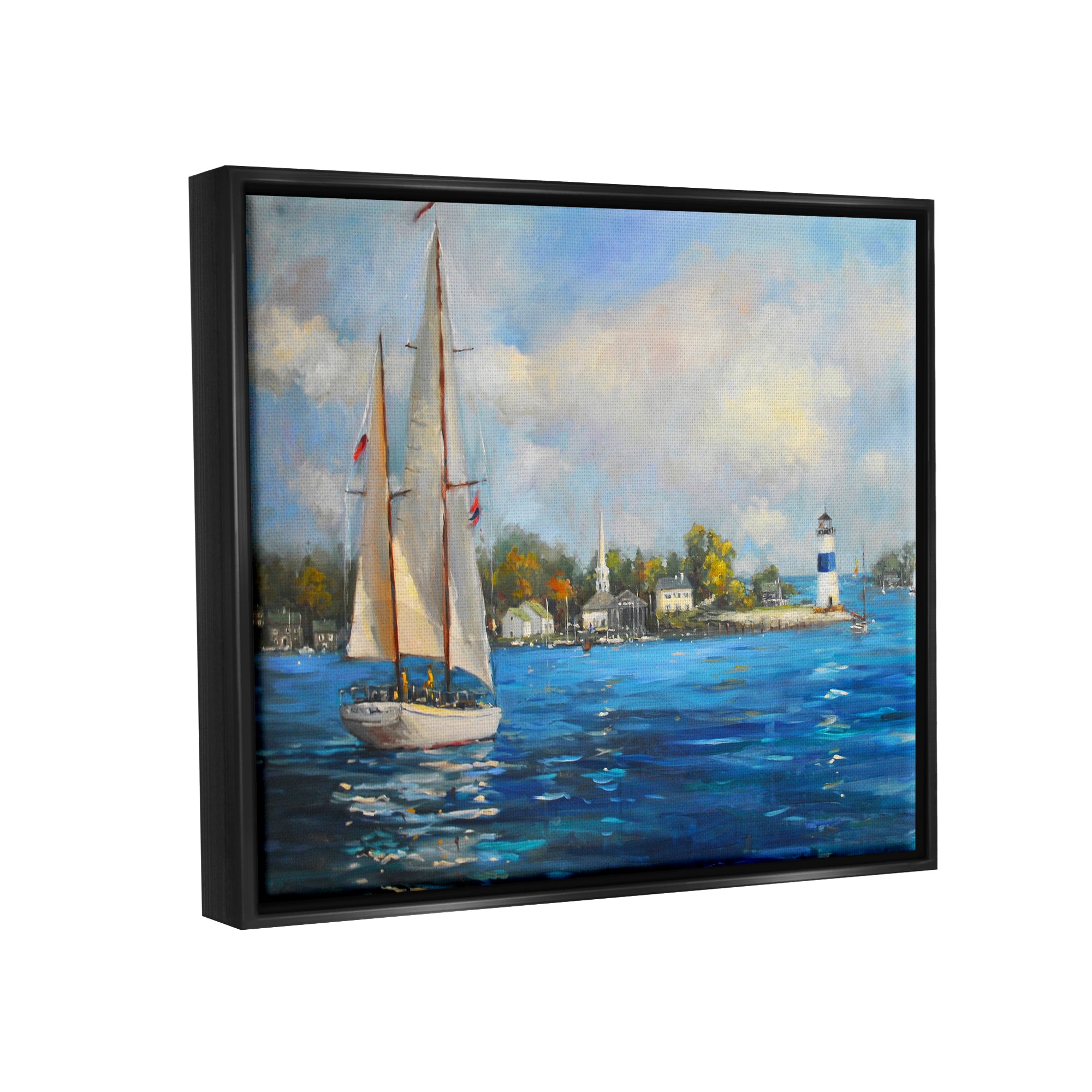 Stupell Industries Sailboats Ocean Landscape Transportation Painting Black Floater Framed Art Print Wall Art, 21 x 17