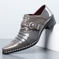 thumbnail image 2 of PLERISE Men's Patent Leather Dress Shoes with Crocodile Embossing, Pointed Toe, Chunky Heel, Lace-Up and Buckle Design for Formal and Everyday Wear, 2 of 9
