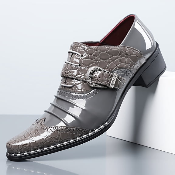 PLERISE Men's Patent Leather Dress Shoes with Crocodile Embossing, Pointed Toe, Chunky Heel, Lace-Up and Buckle Design for Formal and Everyday Wear