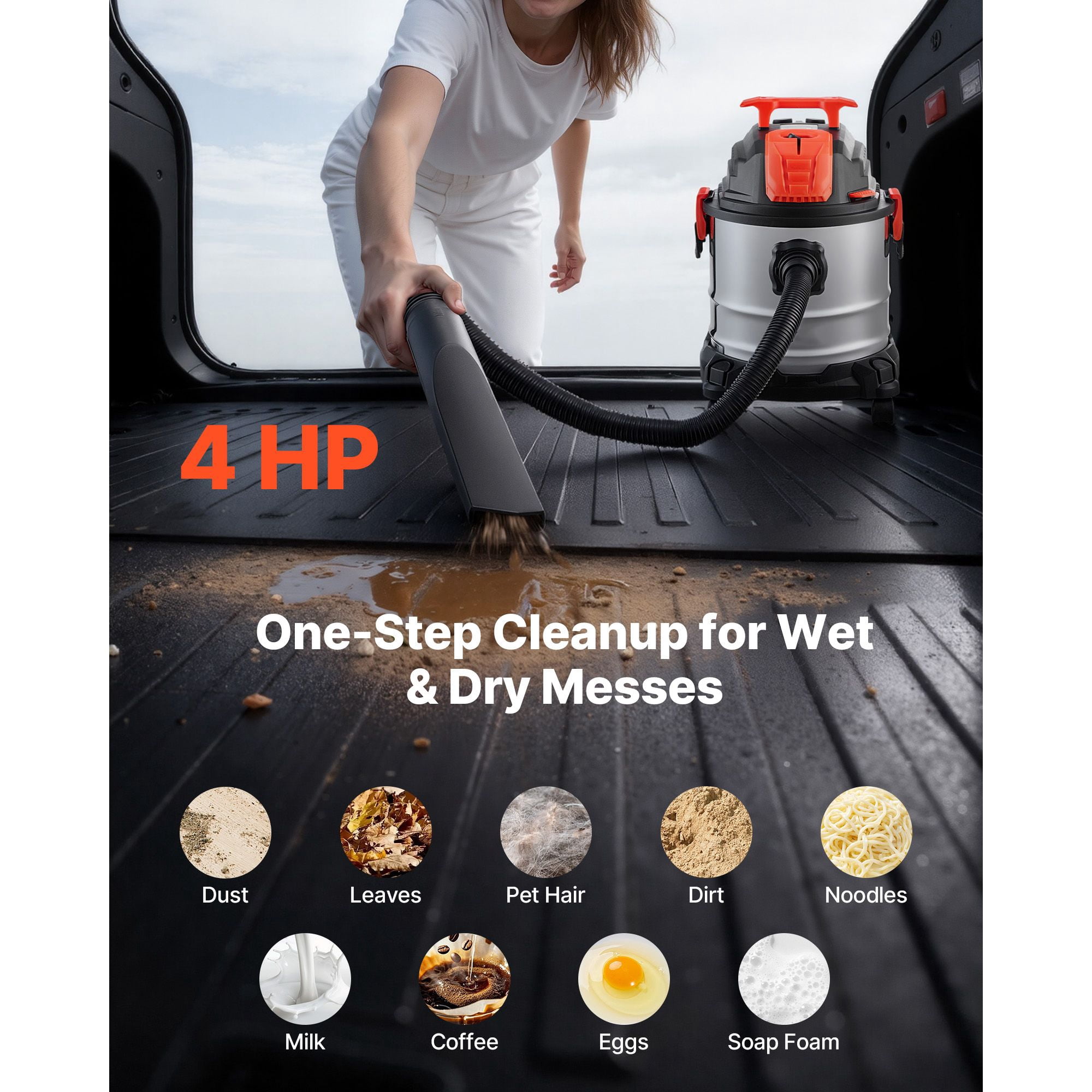 Shop Vac, 5.8 Gallon Wet Dry Shop Vacuum, 4 Peak HP with One-Button Self-Cleaning, Dual-Filter, 900W Input Power, 1.25in x 7ft Hose, 9.8ft Cord, Metal Tank for Jobsite, Workshop, Garage, Home