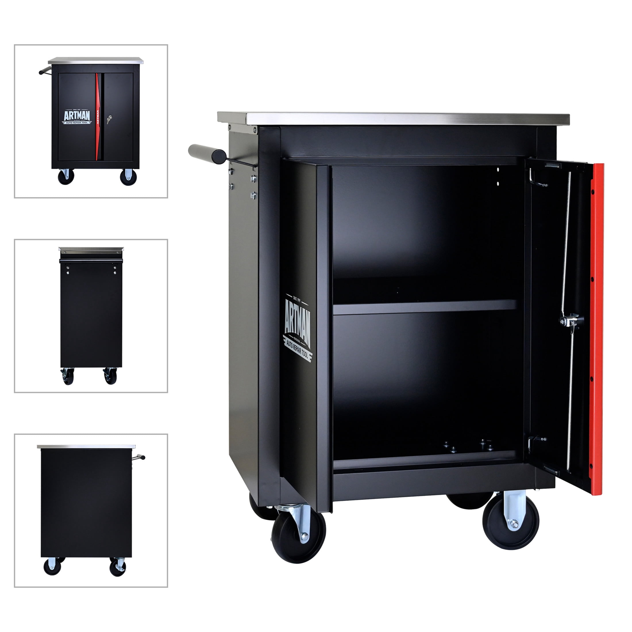 Noble House 22" Double-Door Multi-Function Tool Cart, Modular Expandable Steel Utility Cabinet, Black & Red