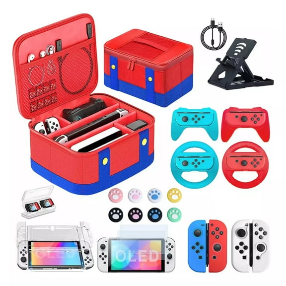 23 in 1 Large Case Kit Accessories for Nintendo Switch OLED, with Travel Case, Steering Wheel Handle, Game Controller, Silicone Case, Transparent Case, Game Stand-Multicolor