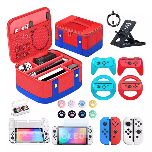 23 in 1 Large Case Kit Accessories for Nintendo Switch OLED, with Travel Case, Steering Wheel Handle, Game Controller, Silicone Case, Transparent Case, Game Stand