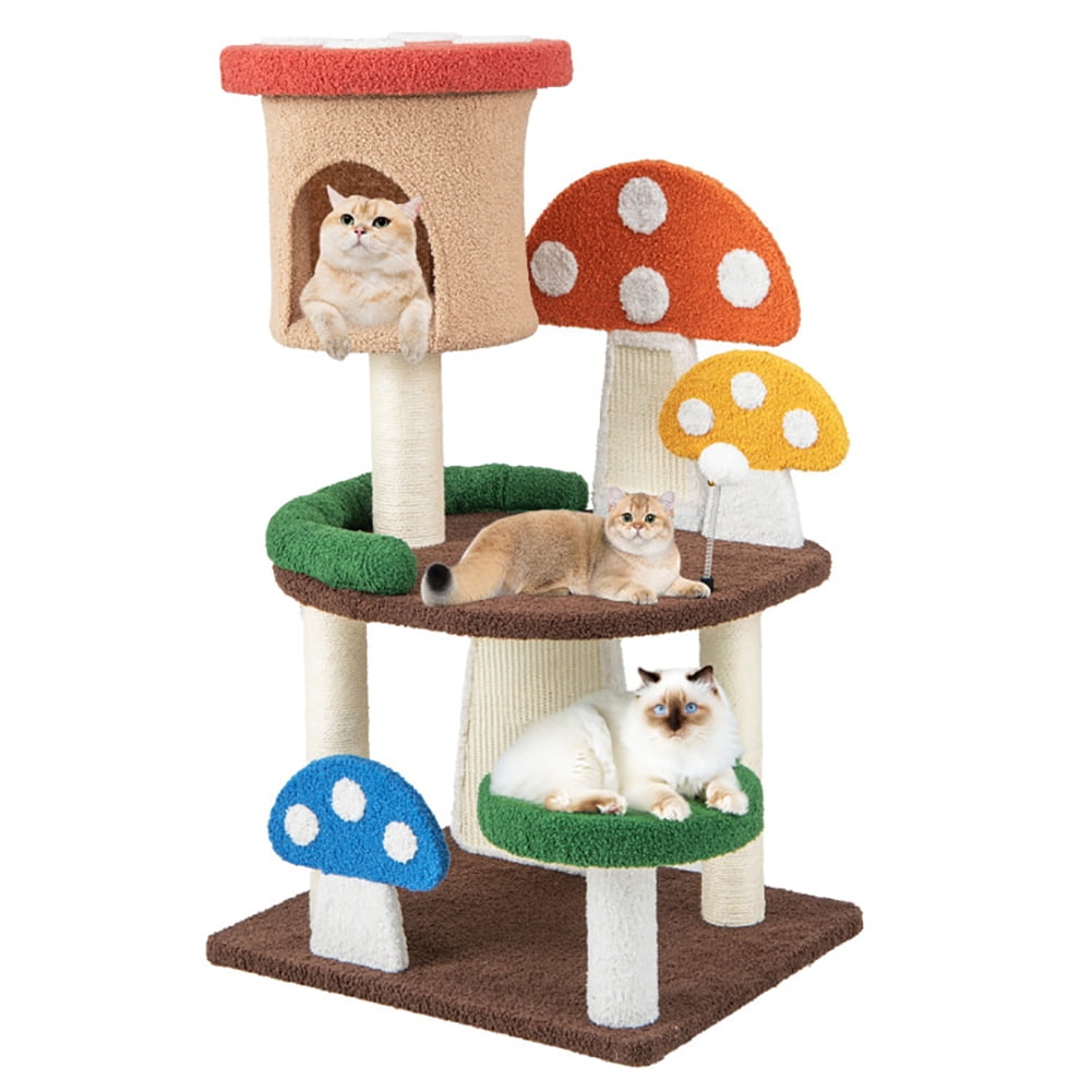 Cat Tower, Cat Tree for Indoor Cats, 4-In-1 Mushroom Cat Tree with Condo Spring Ball and Sisal Posts-Multicolor for Kittens, Elderly Cats, Adult Cats