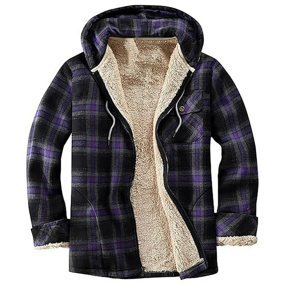 aohooy Full Zip Women's Flannel Fleece Jacket - Plaid Hooded Sherpa Lined Hoodies Shacket with Chest Pockets Purple,XXL