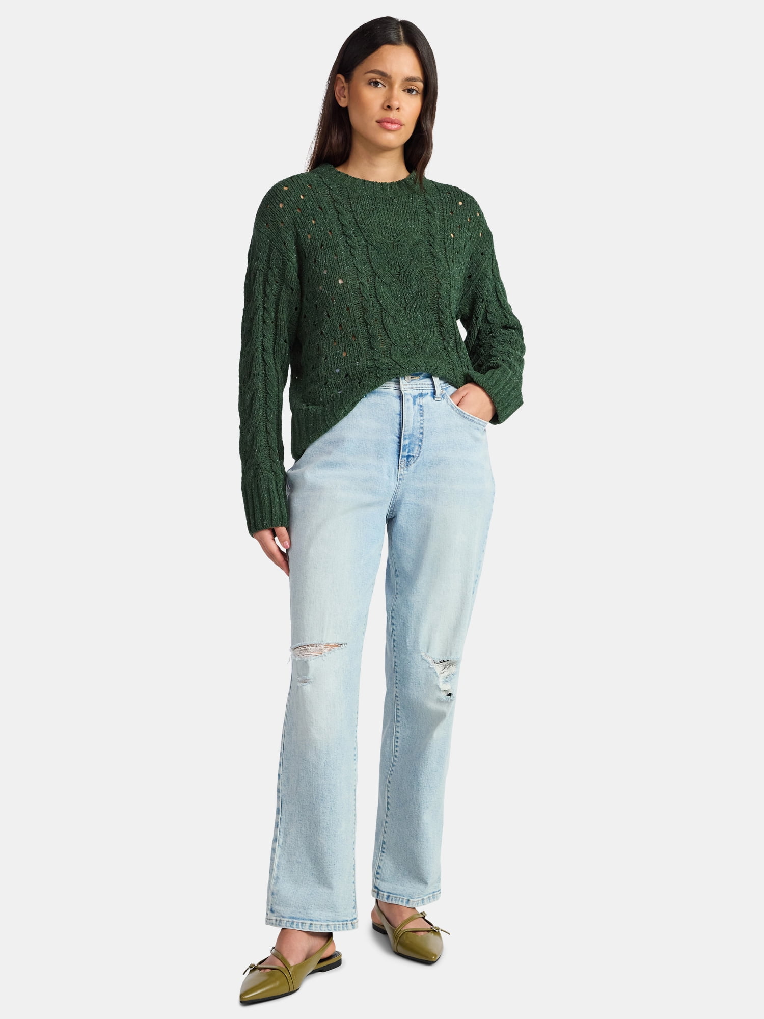 Time and Tru Women's Cable Knit Pullover Sweater with Long Sleeves, Midweight, Sizes XS-XXXL