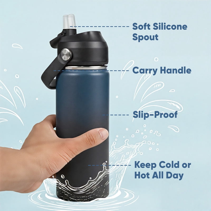 Daluvenix Stainless Steel Water Bottle with Straw Lid, 18oz Vacuum Insulated Water Bottles for Sports, Travel, Black (4 Pack)