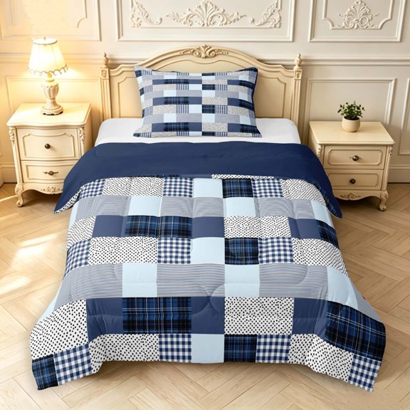 Manfei Vintage Grid Twin Comforter Sets,Modern Check Bedding Set,Blue White Gray,Navy Blue Reversible,2 Pieces,1 Comforter and 1 Pillowcase,2 Pieces,1 Comforter and 1 Pillowcase