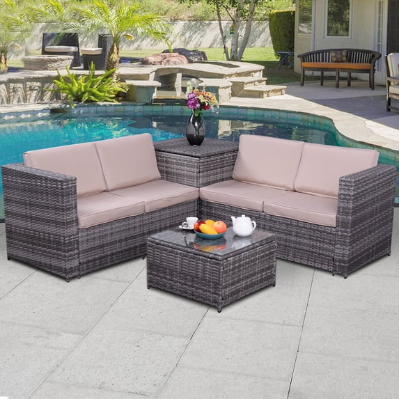 Patiojoy 4 Pieces Patio Rattan Furniture Set Wicker Conversation Table &Chair