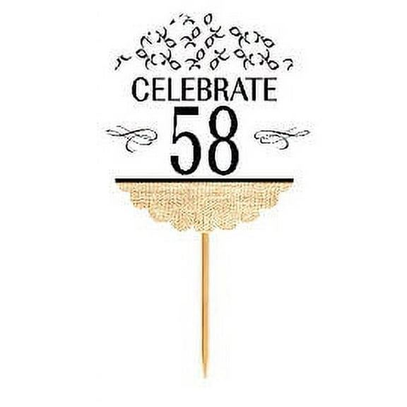 58th Birthday / Anniversary Novelty Burlap Cupcake Decoration Picks -12pack