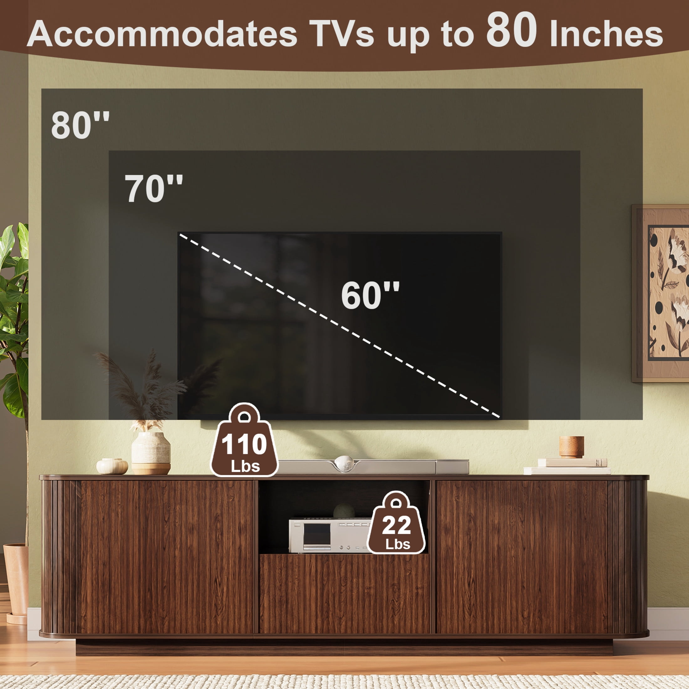 Noble House Modern TV Stand for TVs up to 80" with Ample Storage, Curved Corners, Dark Brown