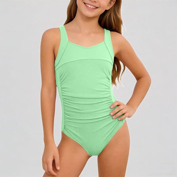 Daznico Ruched Wide Strap Girls One Piece Athletic Swimsuit, Supportive Comfortable Bathing Suit for Youth,15-16Y