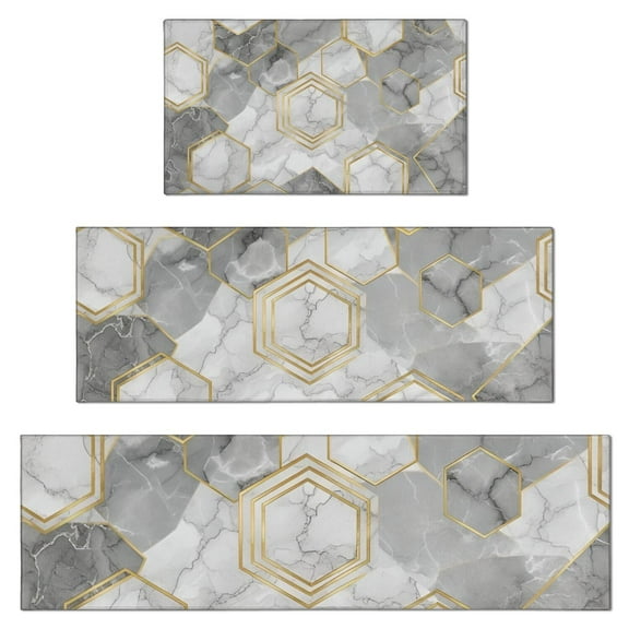 Gray Marble Gold Hexagon Pattern Kitchen Rugs Sets Of 3,Kitchen Runner Rugs Non Skid Washable,Decorative Kitchen Floor Mats for Kitchen,Sink,Laundry,17"x30" 17"x47" 17"x59"