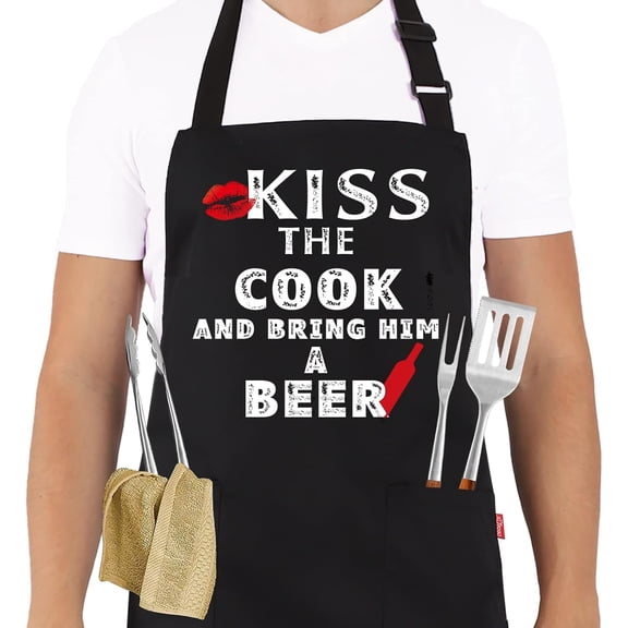 Grilling Apron - KISS THE COOK AND BRING HIM A BEER - Funny BBQ Aprons for Men Women Chef, Adjustable Kitchen Bib Apron with 2 Pockets and 40" Long Ties, Perfect for Cooking, Baking - Black