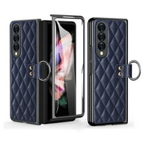 Dteck Case for Samsung Galaxy Z Fold3 5G,Luxury Leather Built-in Screen Protector Hybrid PC Shockproof Ring Holder Cover For Galaxy Z Fold3,Blue