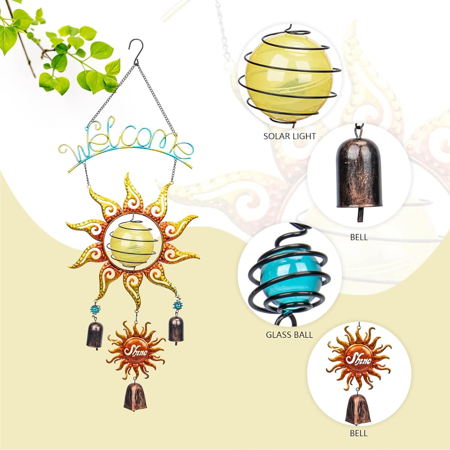 Outdoor Solar Wind Chime, Sun Image Decoration, Hanging Solar Wind Chime, Metal Bell, Deep And Soothing Tone, Suitable For Patio, Garden, Perfect Gift