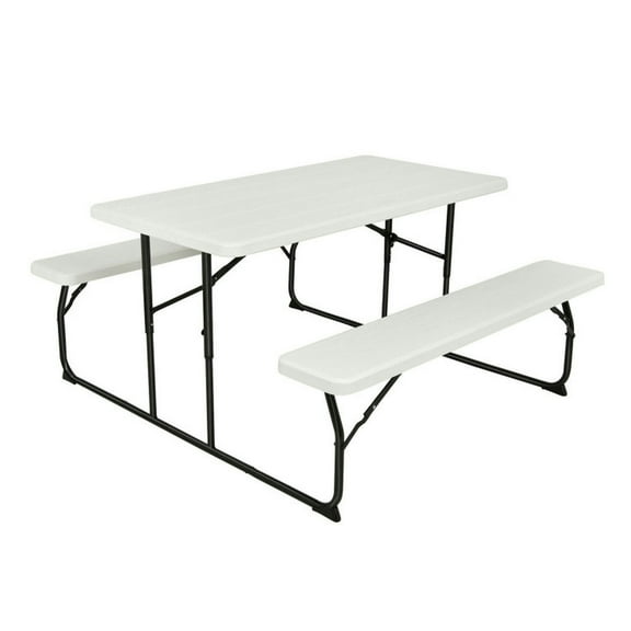 Spaco Folding Picnic Table Bench Set with Wood-Like Texture, Spacious Picnic Table Set with Folding Legs, Table Bench Set for Indoor and Outdoor, White