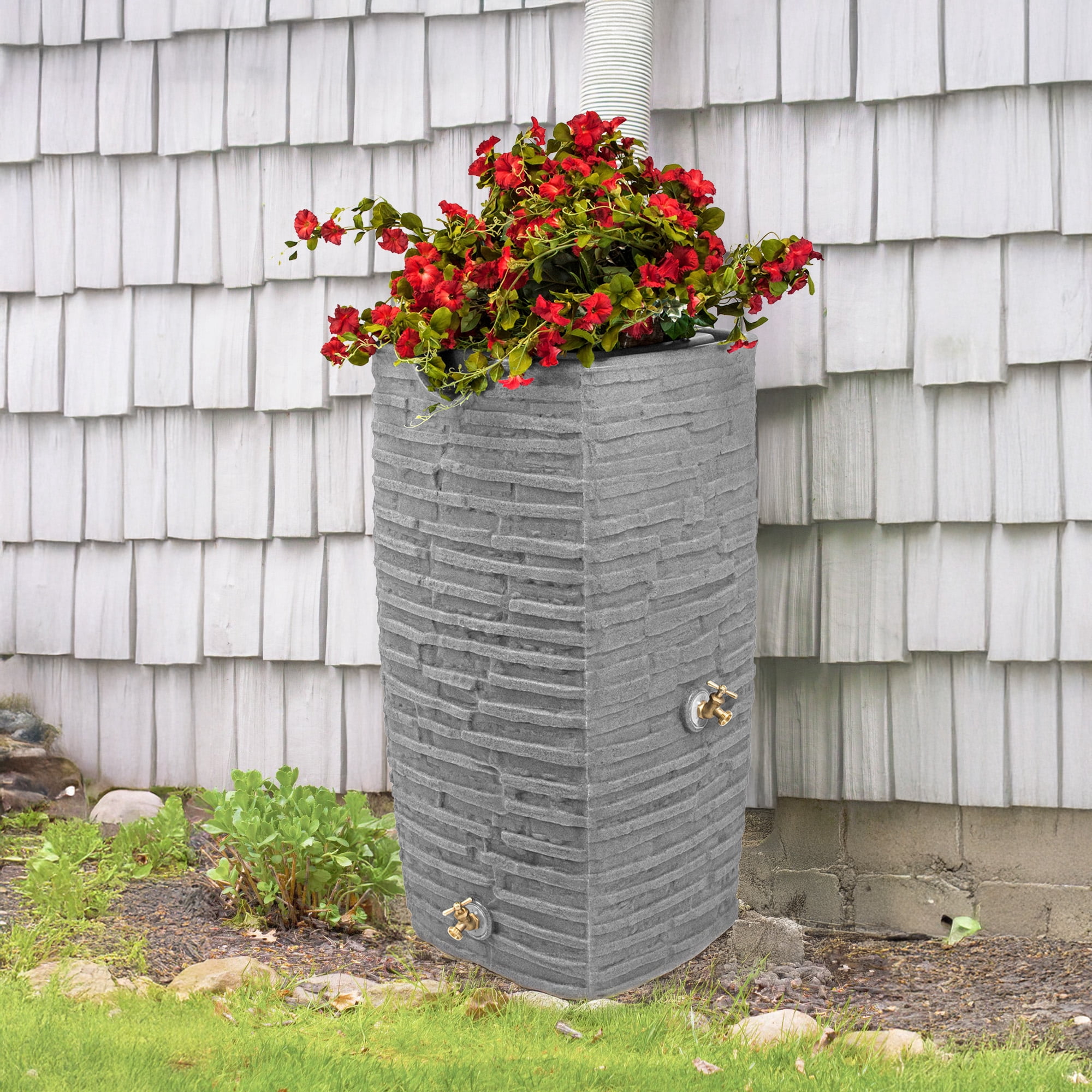 Good Ideas Impressions Riverwalk 50 Gallon Rain Barrel, Dark Granite with 50' Soaker Hose